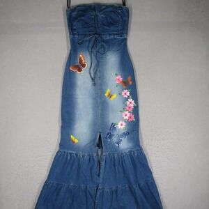 Sky Blue Denim Strapless Butterfly Floral Maxi Dress Size 4 Y2K Mermaid Hem USA